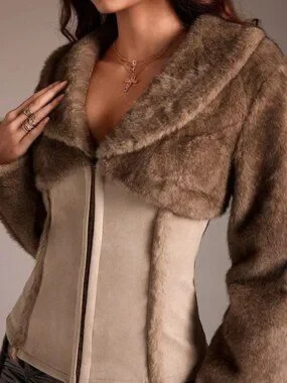 Brown Sexy Women's Slim Fit Faux Fur Lapel Collar Regular Jacket